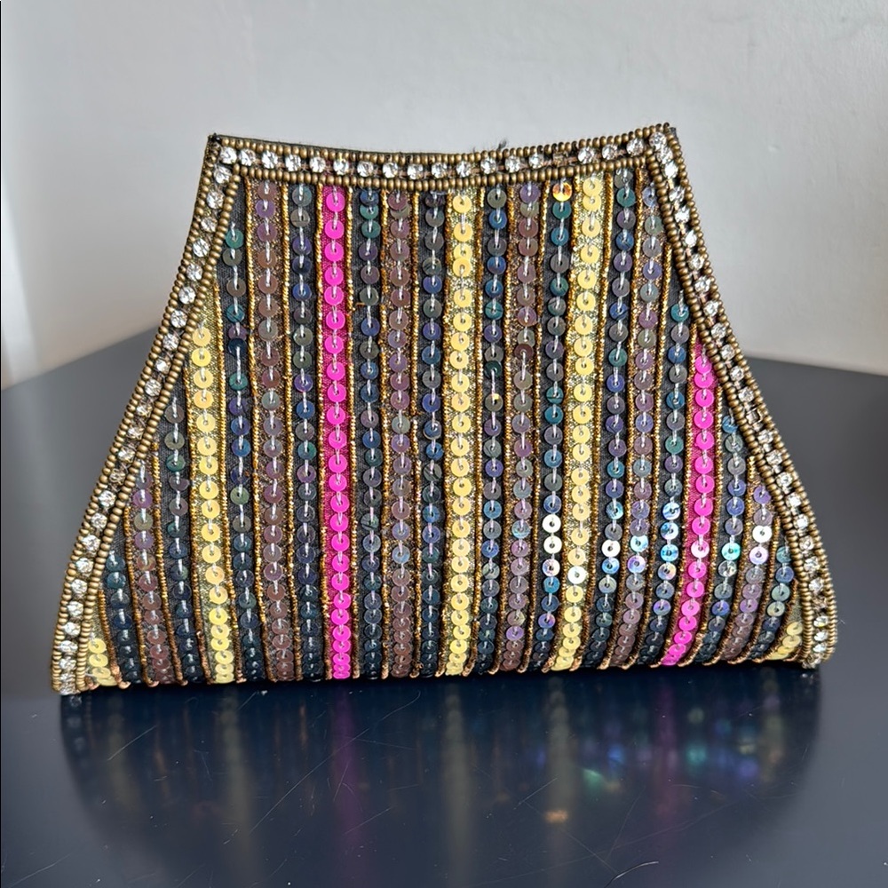 Vintage Sequin Striped Clutch in Gold, Pink, and Brown